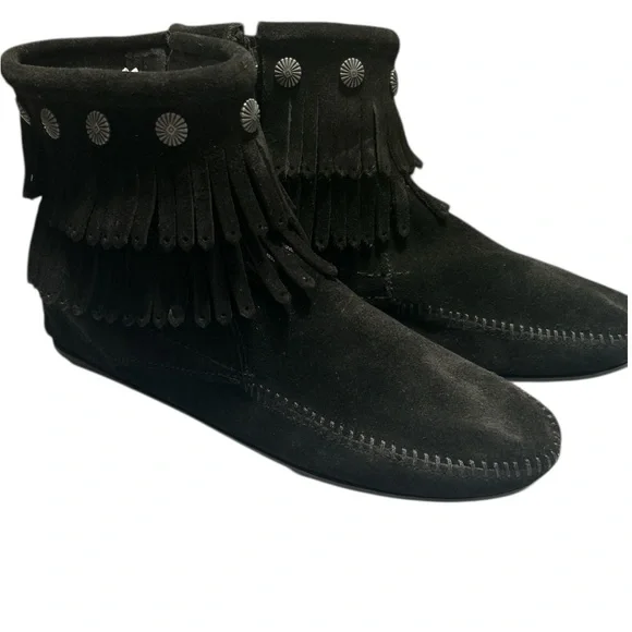 Minnetonka Black Fringe Suede Boots - Picture 2 of 7